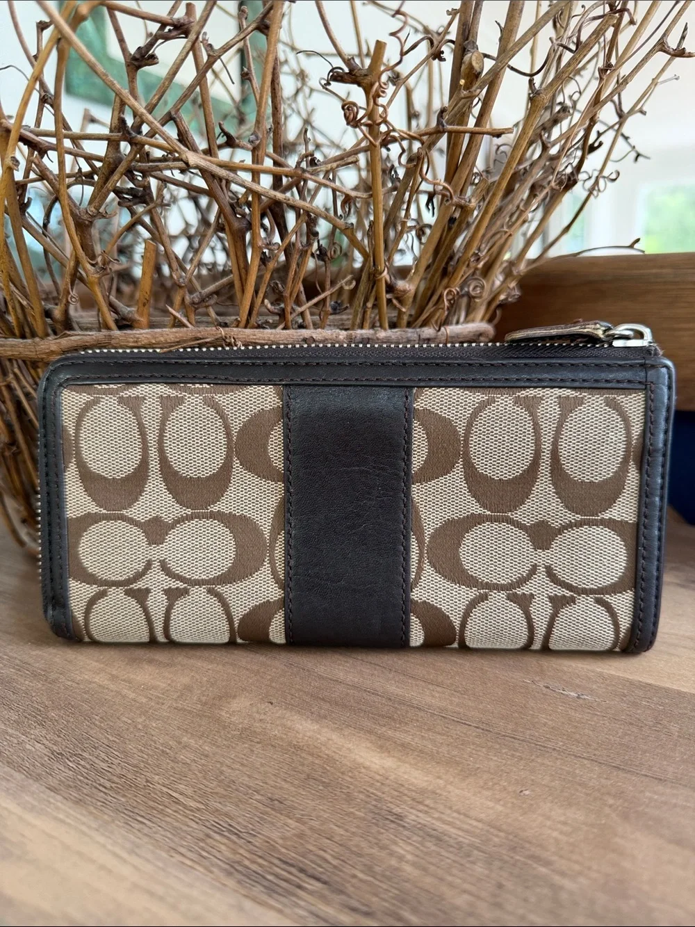 Coach Brown and Tan Signature Zip Wallet